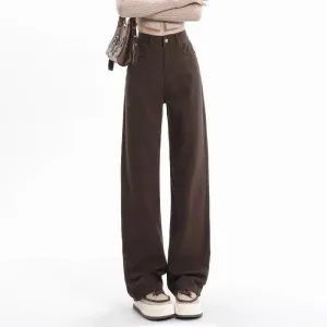 2024 Autumn/Winter New Meilade Brown Wide-Leg Jeans for Women – High-Waist Slimming Straight-Leg Floor-Length Pants
