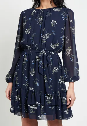 (5P. PACK) Floral Mini Dress With Ruffled Hem & Elasticated Waist In Navy
