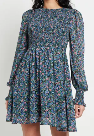 (5P.PACK) Floral Midi Dress with Shirred Top in Blue Chiffon