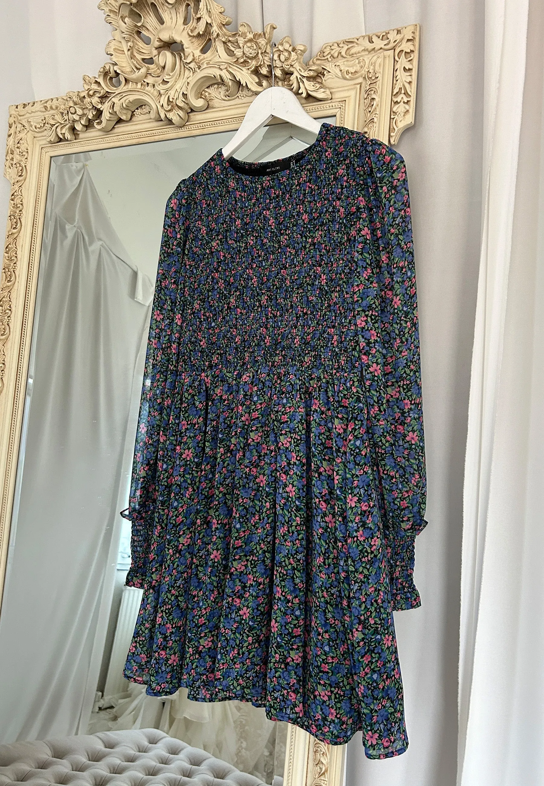 (5P.PACK) Floral Midi Dress with Shirred Top in Blue Chiffon