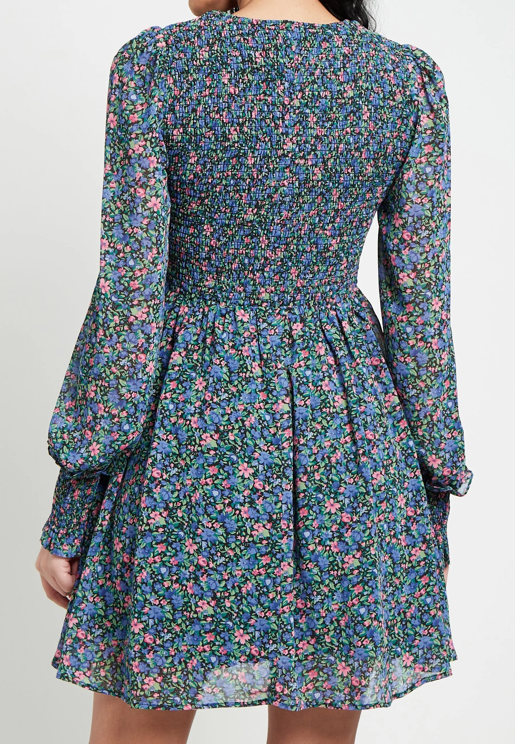 (5P.PACK) Floral Midi Dress with Shirred Top in Blue Chiffon