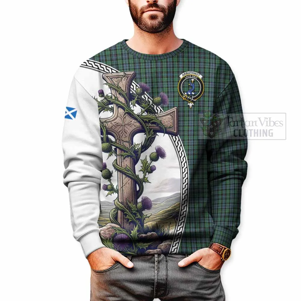 Arbuthnot Tartan Sweatshirt with Family Crest and St. Andrew's Cross Accented by Thistle Vines