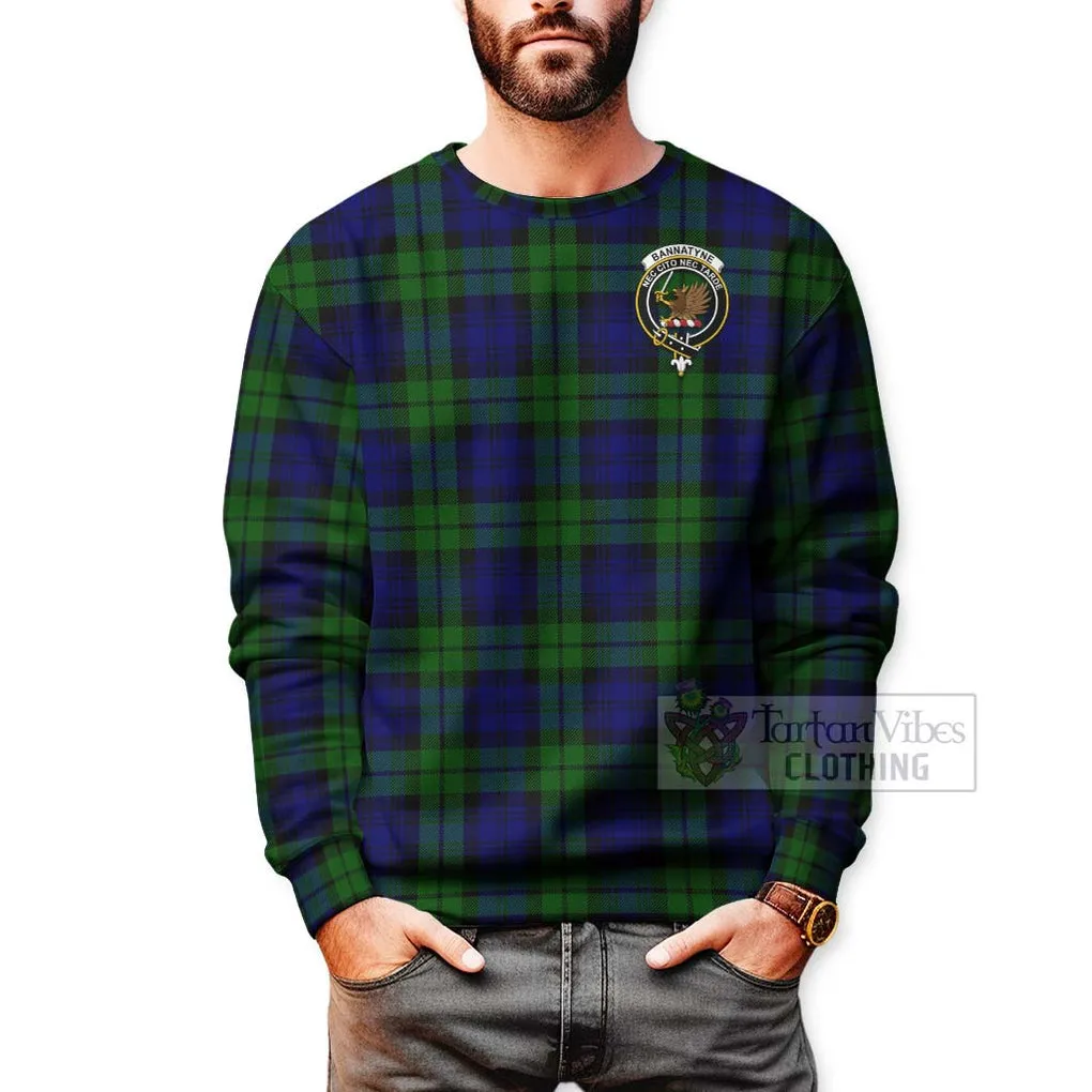 Bannatyne Tartan Sweatshirt with Family Crest and Bearded Skull Holding Bottles of Whiskey