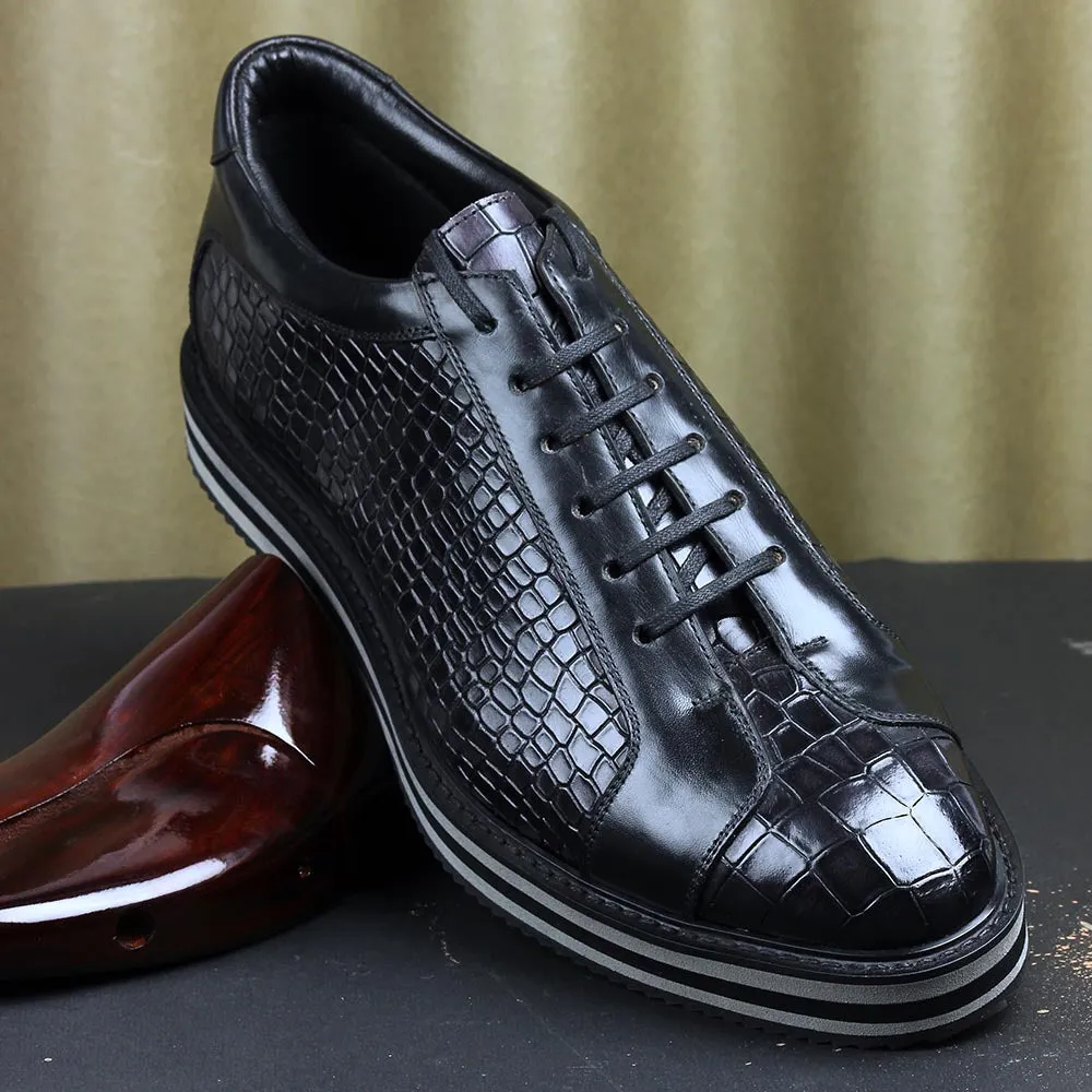 Black Croco Mirror Glossed Patina Platform Sneakers