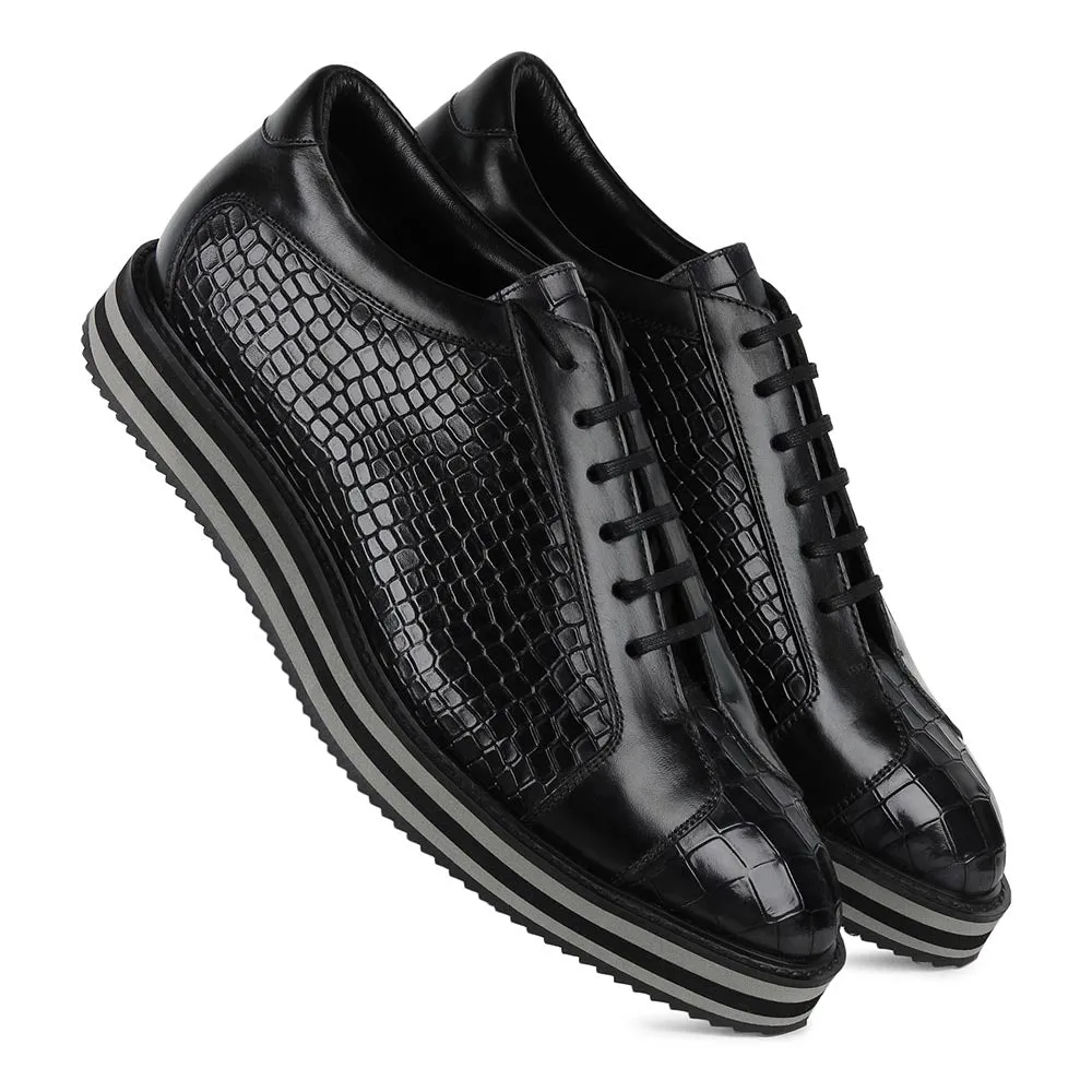 Black Croco Mirror Glossed Patina Platform Sneakers