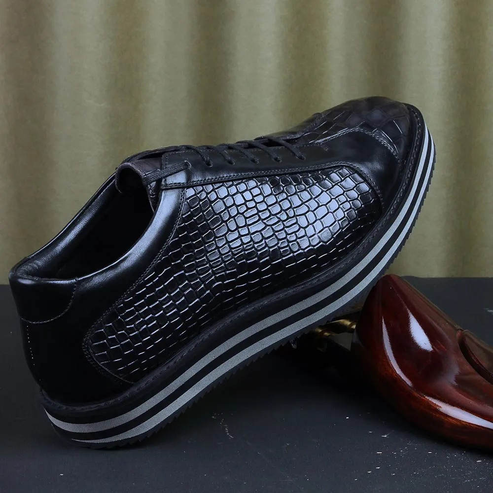Black Croco Mirror Glossed Patina Platform Sneakers