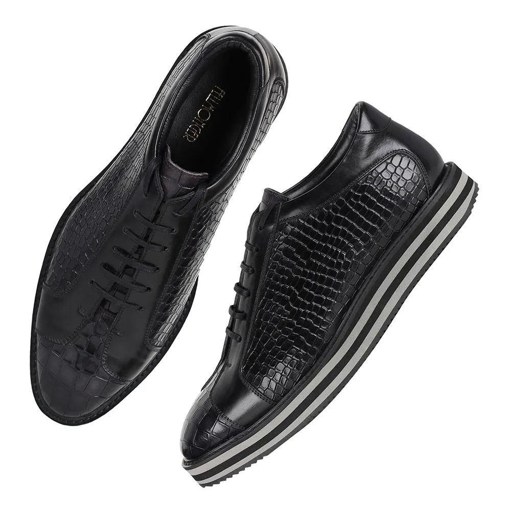 Black Croco Mirror Glossed Patina Platform Sneakers