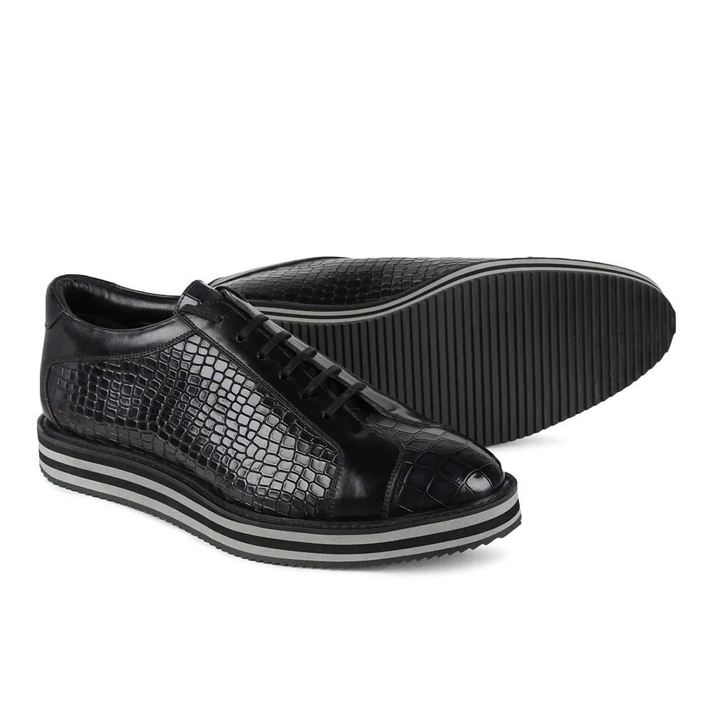 Black Croco Mirror Glossed Patina Platform Sneakers