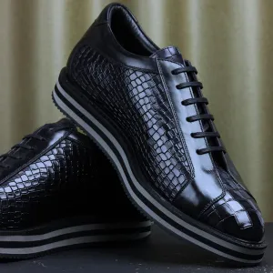Black Croco Mirror Glossed Patina Platform Sneakers