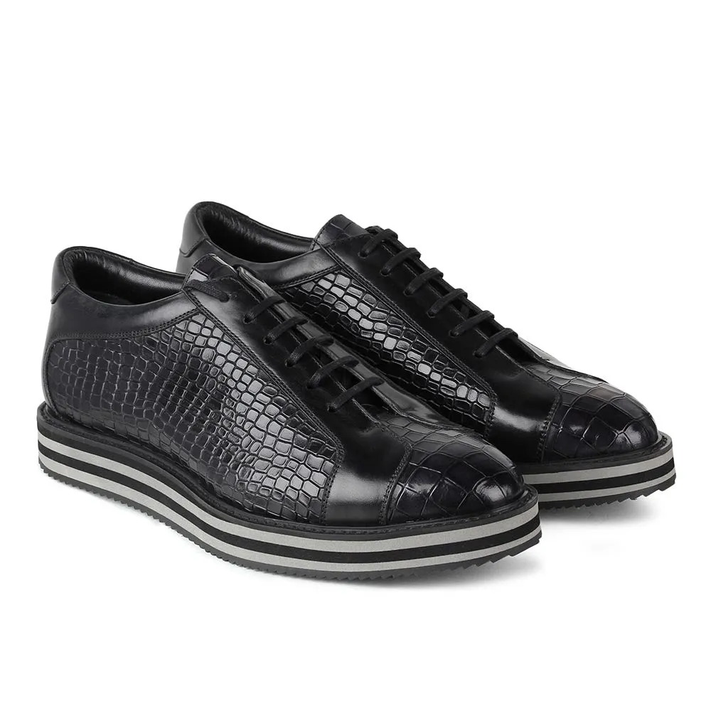 Black Croco Mirror Glossed Patina Platform Sneakers