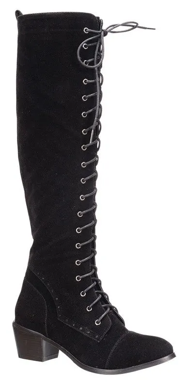Black Faux Suede Lace-Up Tall Boot