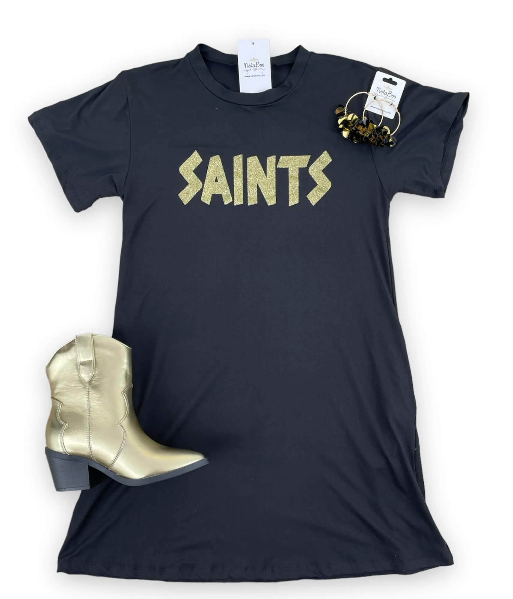 Black Gold Glitter Saints Dress With Pockets