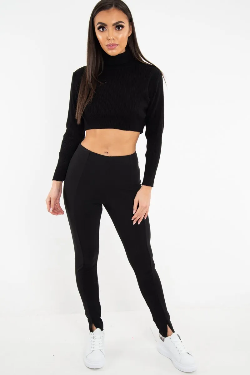 Black High Waist Seam Front Crepe Leggings - Liviah