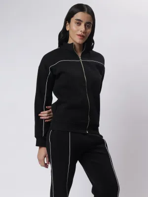 Black Zipper Sweatshirt with White Contrast Piping