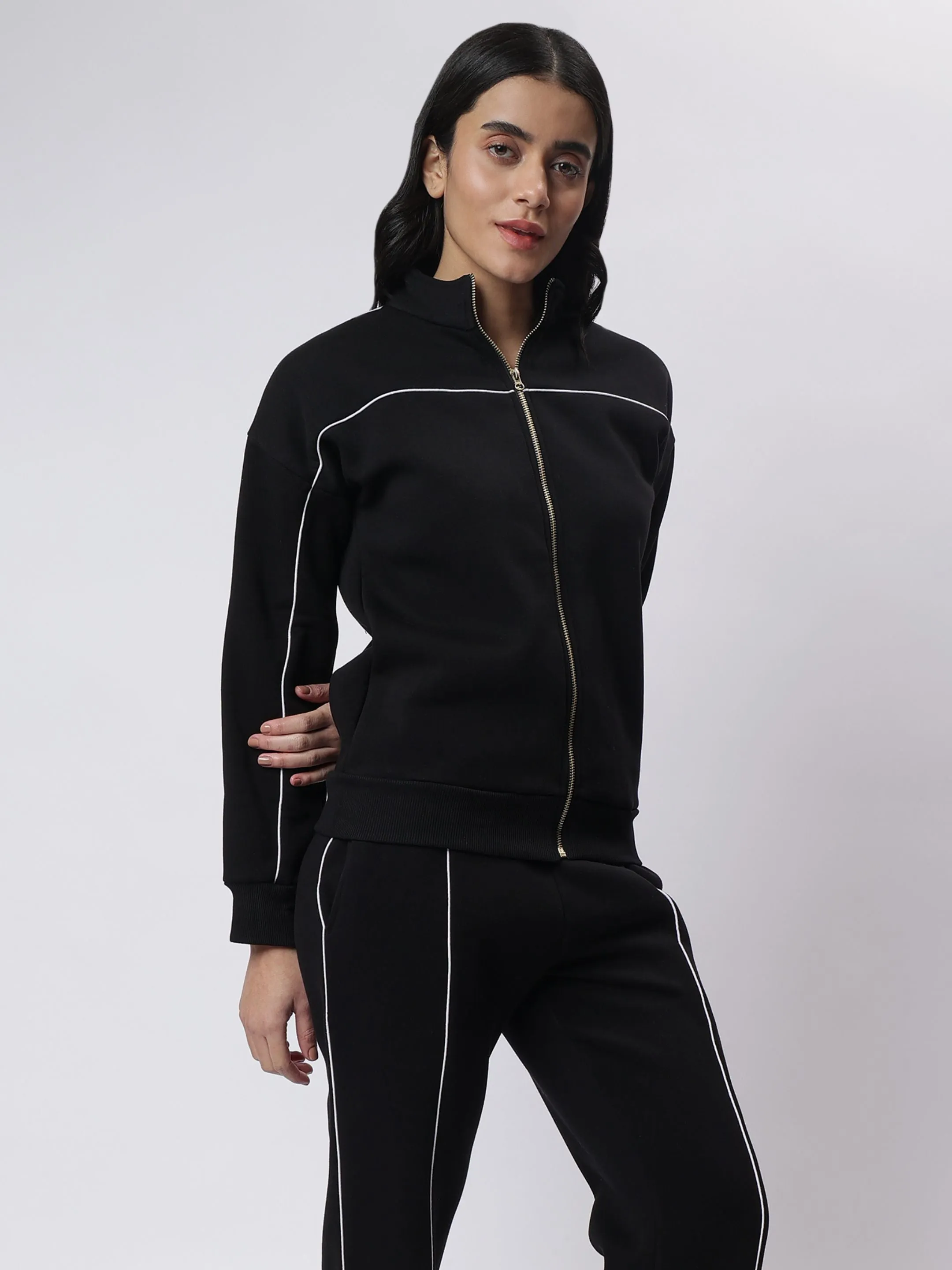 Black Zipper Sweatshirt with White Contrast Piping
