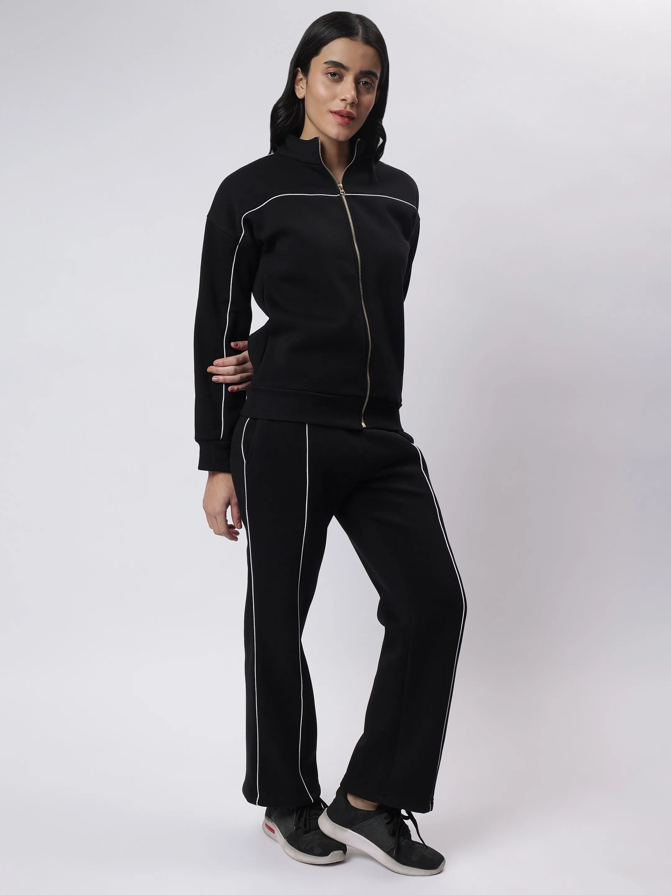 Black Zipper Sweatshirt with White Contrast Piping