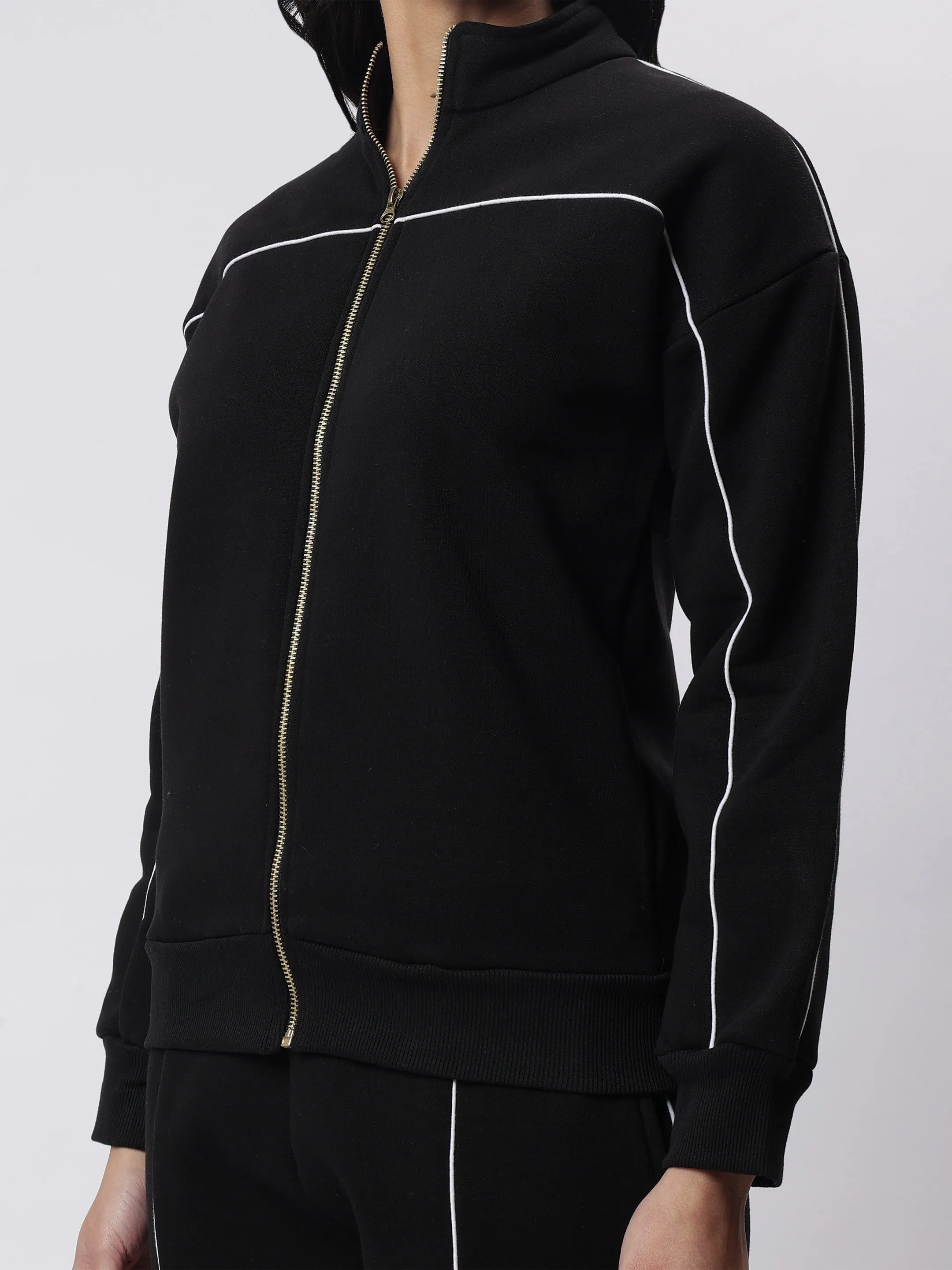 Black Zipper Sweatshirt with White Contrast Piping