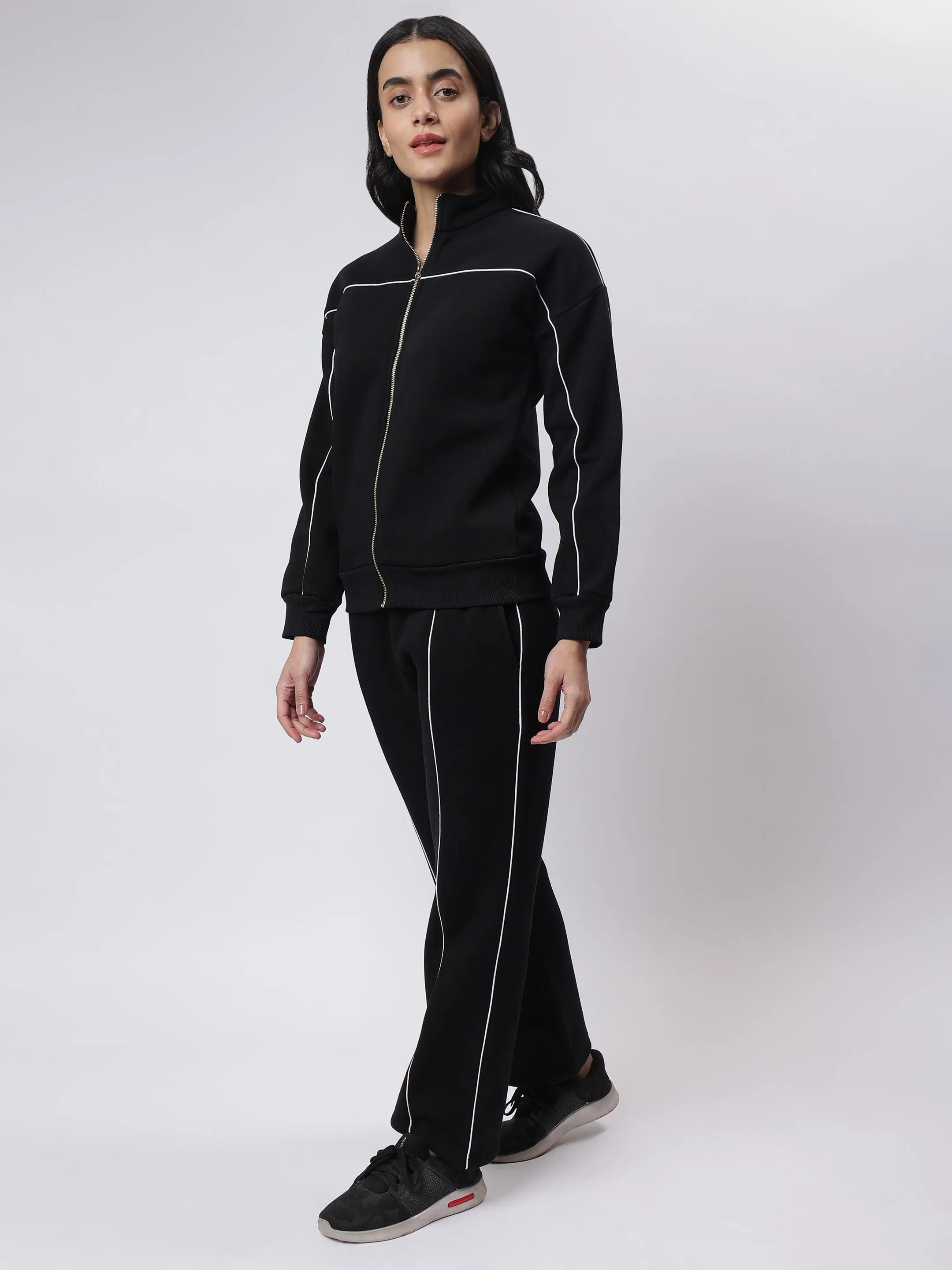 Black Zipper Sweatshirt with White Contrast Piping