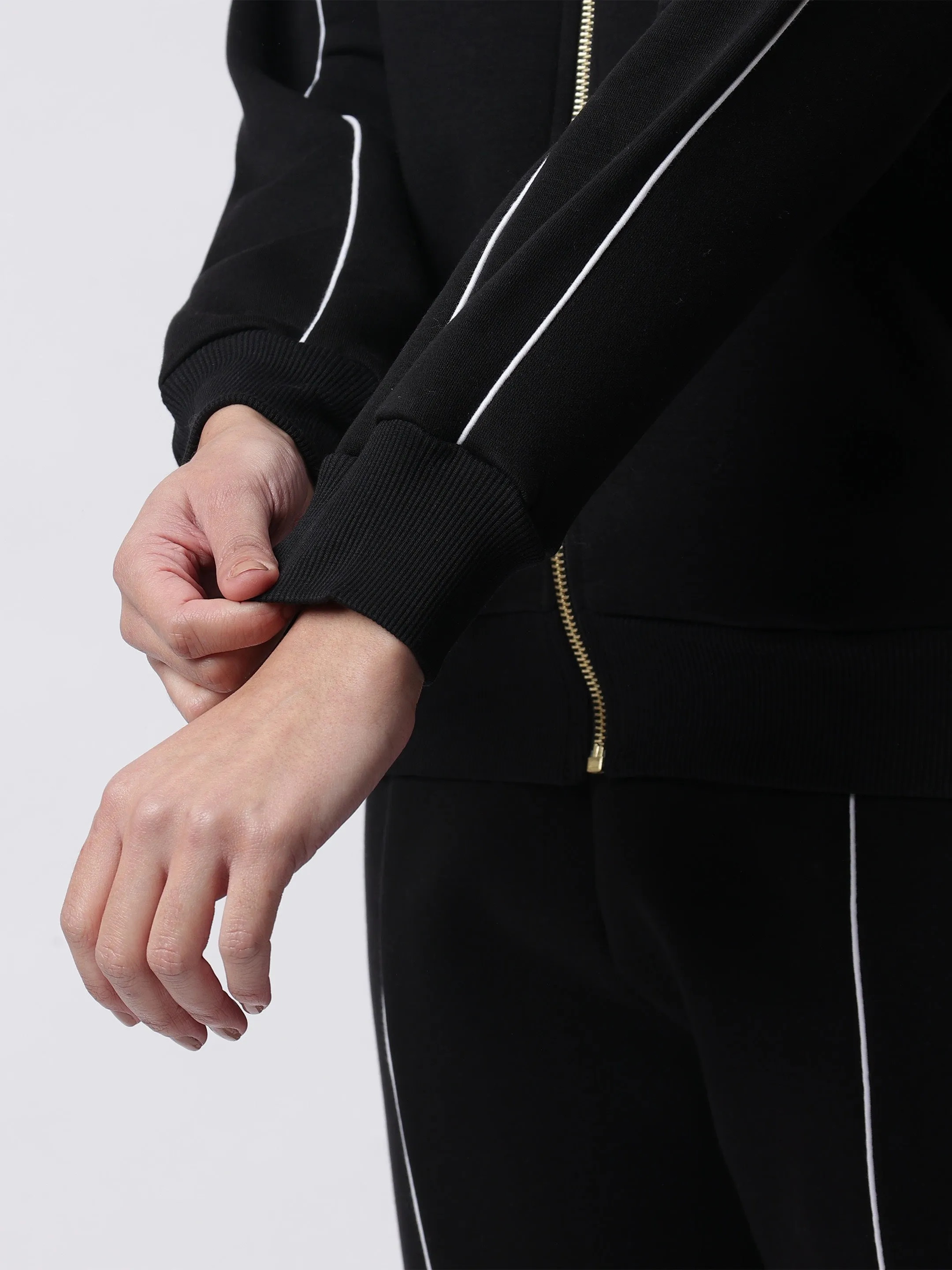 Black Zipper Sweatshirt with White Contrast Piping
