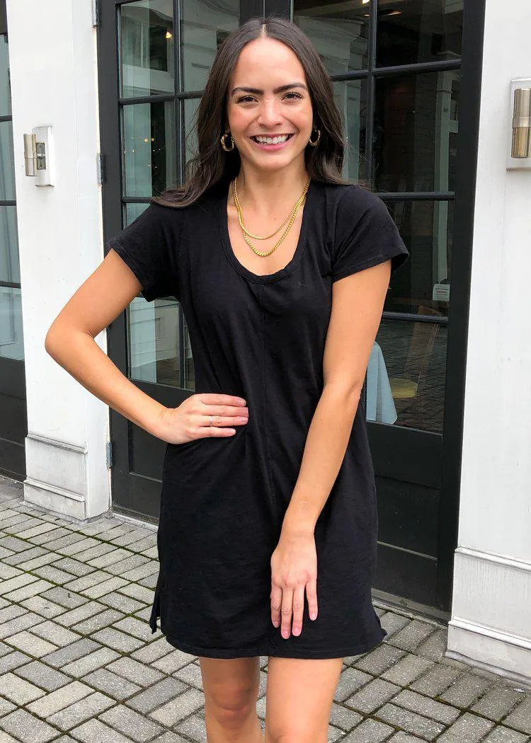 Bobi Scoop Neck Cotton Fitted T-Shirt Dress - Black