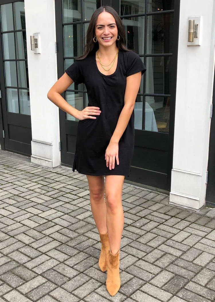 Bobi Scoop Neck Cotton Fitted T-Shirt Dress - Black