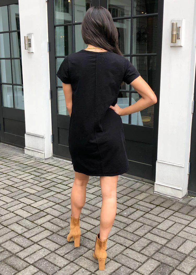 Bobi Scoop Neck Cotton Fitted T-Shirt Dress - Black