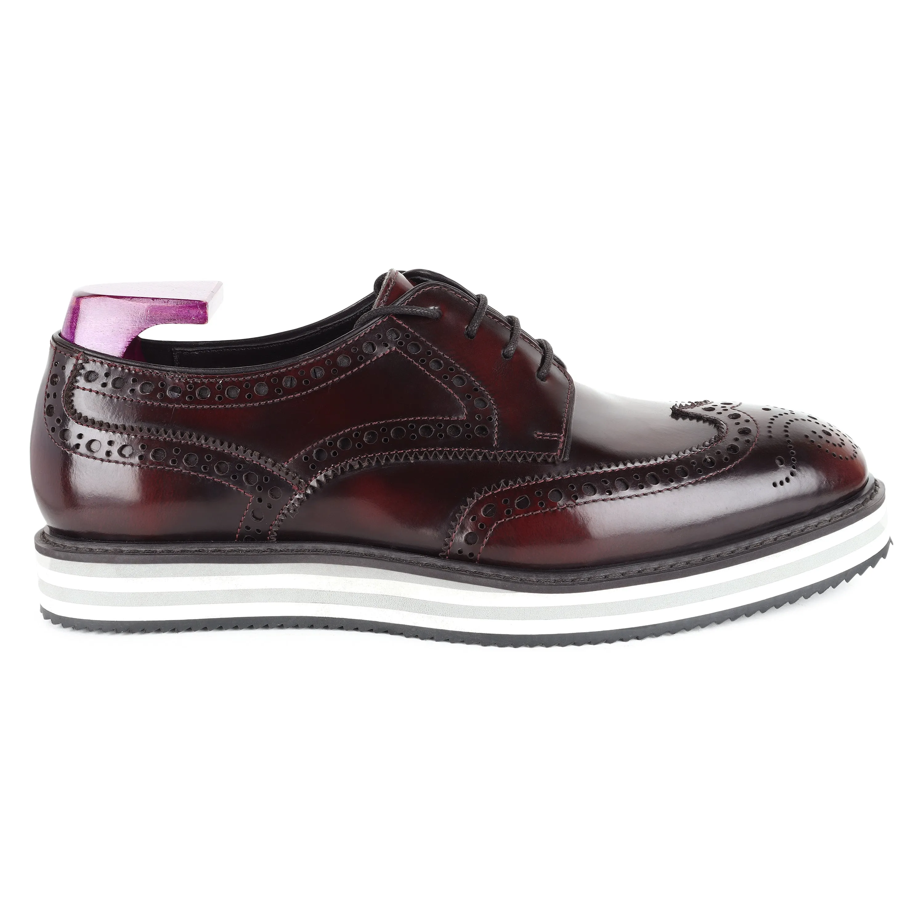 Burgundy Brushed Platform Sole Lightweight Wingtip Derby Sneakers
