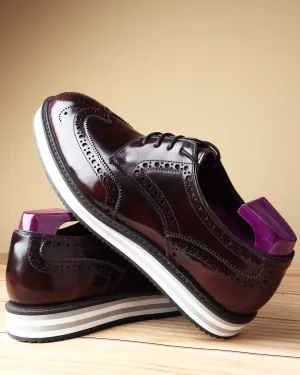 Burgundy Brushed Platform Sole Lightweight Wingtip Derby Sneakers