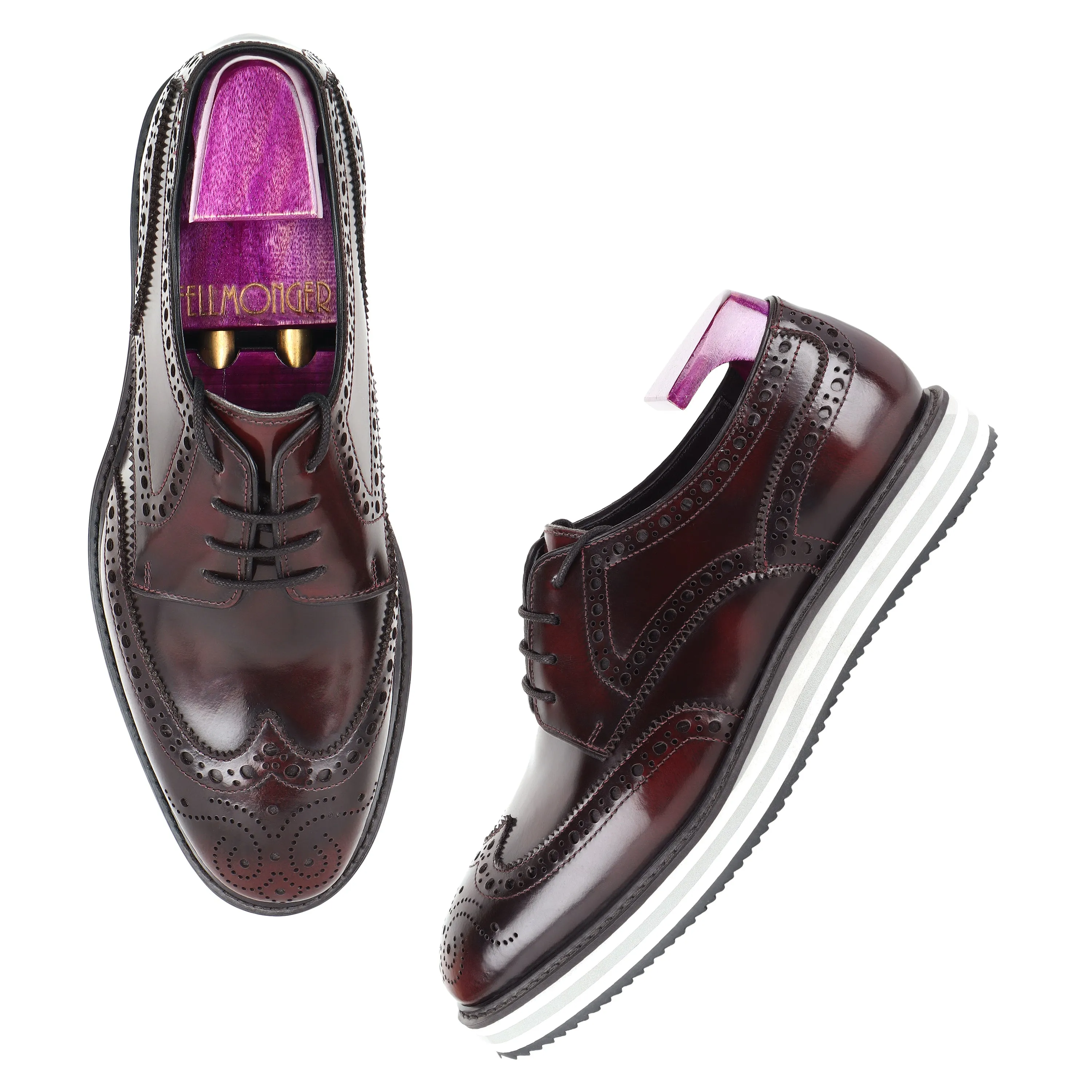 Burgundy Brushed Platform Sole Lightweight Wingtip Derby Sneakers