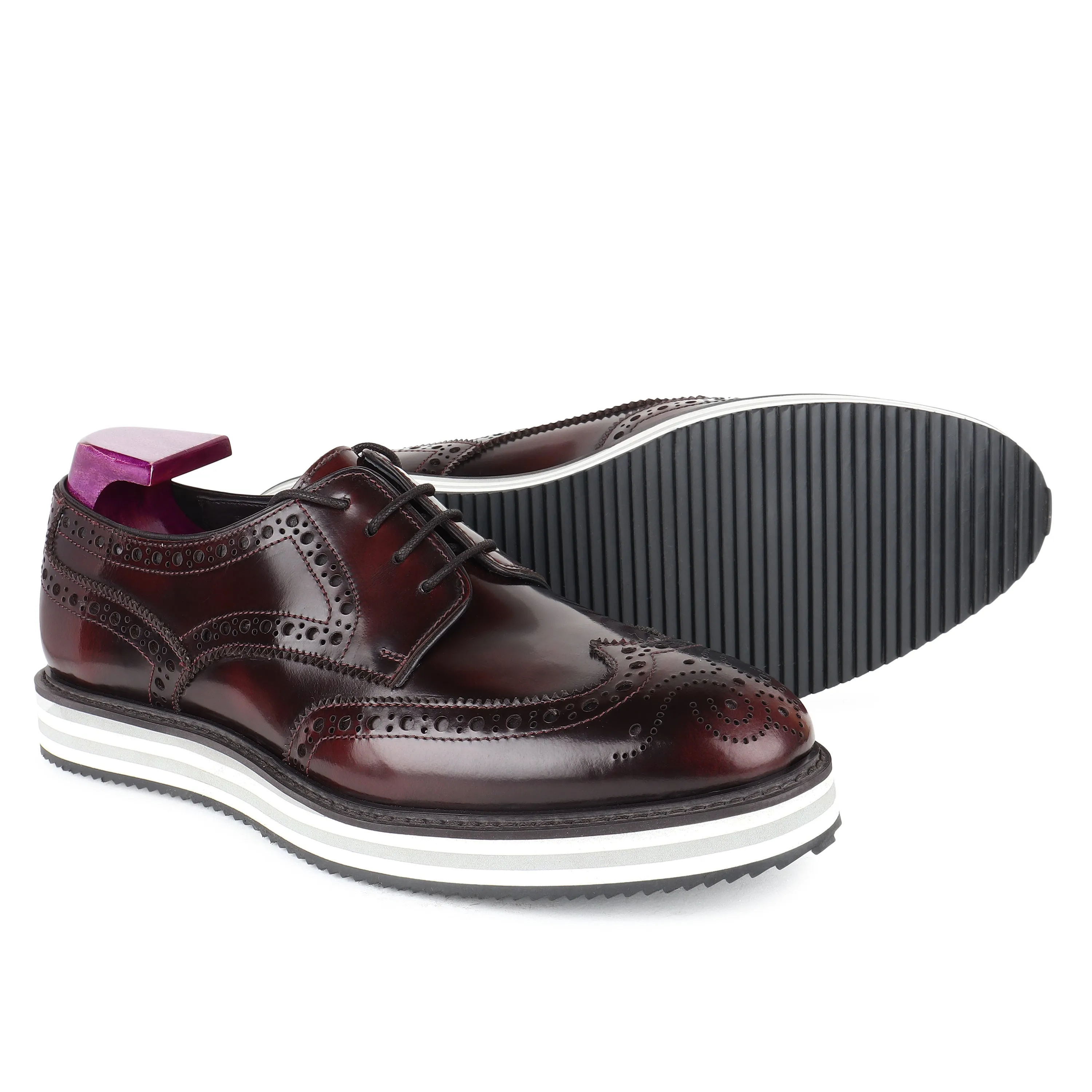 Burgundy Brushed Platform Sole Lightweight Wingtip Derby Sneakers