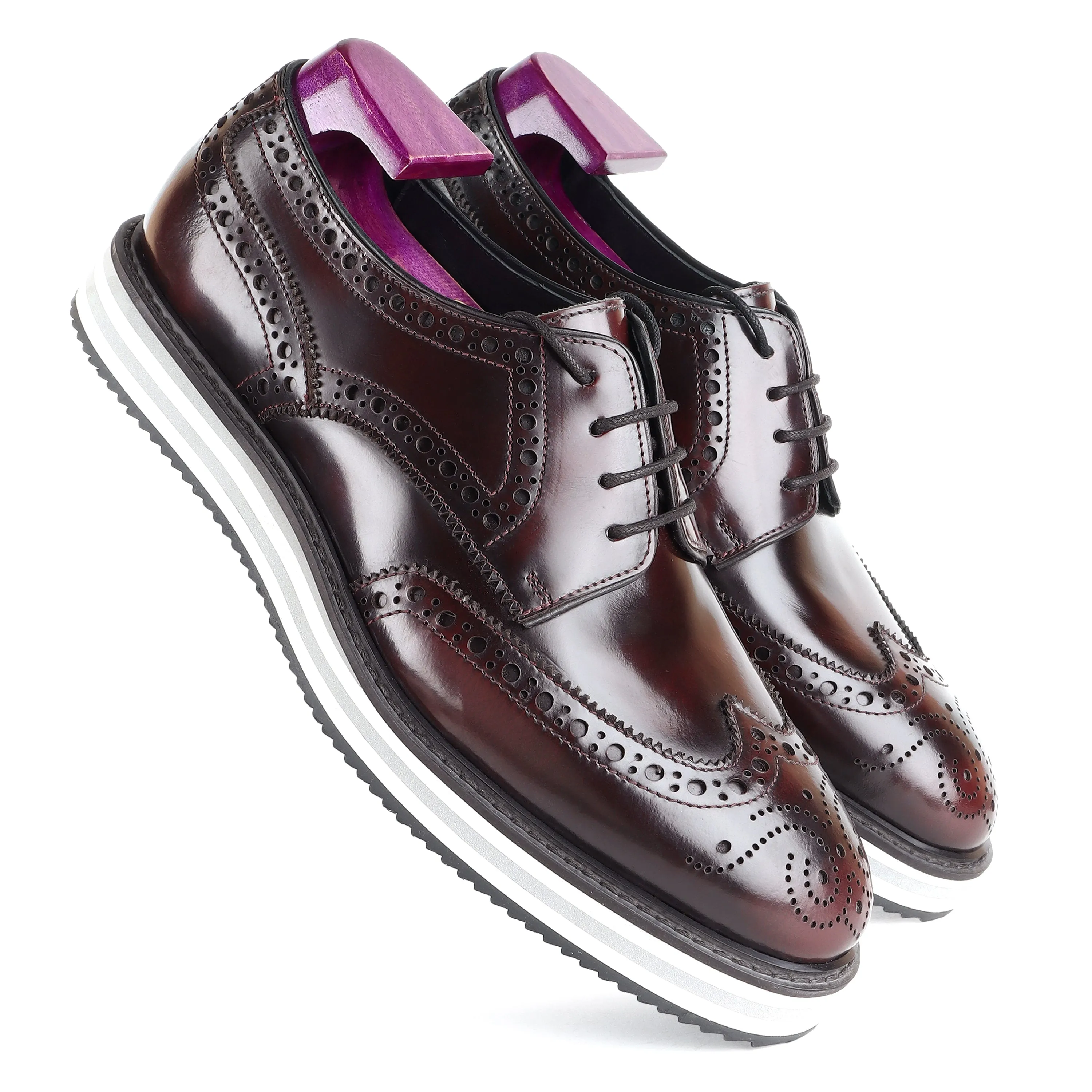 Burgundy Brushed Platform Sole Lightweight Wingtip Derby Sneakers