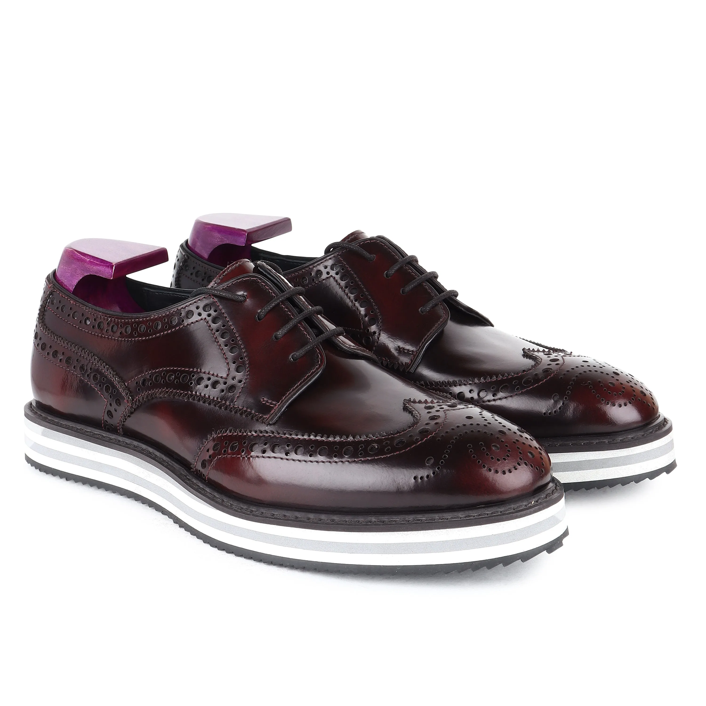 Burgundy Brushed Platform Sole Lightweight Wingtip Derby Sneakers
