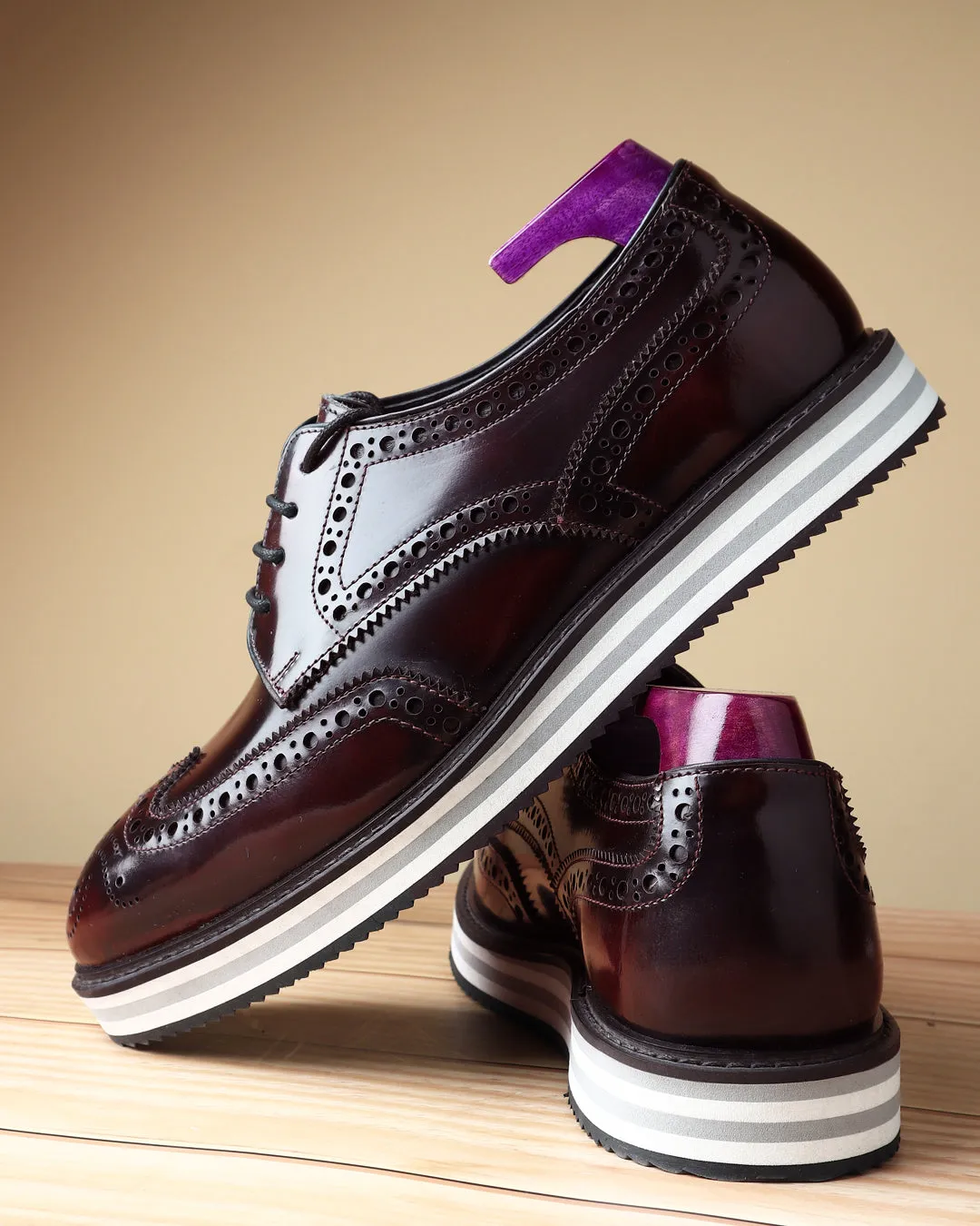 Burgundy Brushed Platform Sole Lightweight Wingtip Derby Sneakers