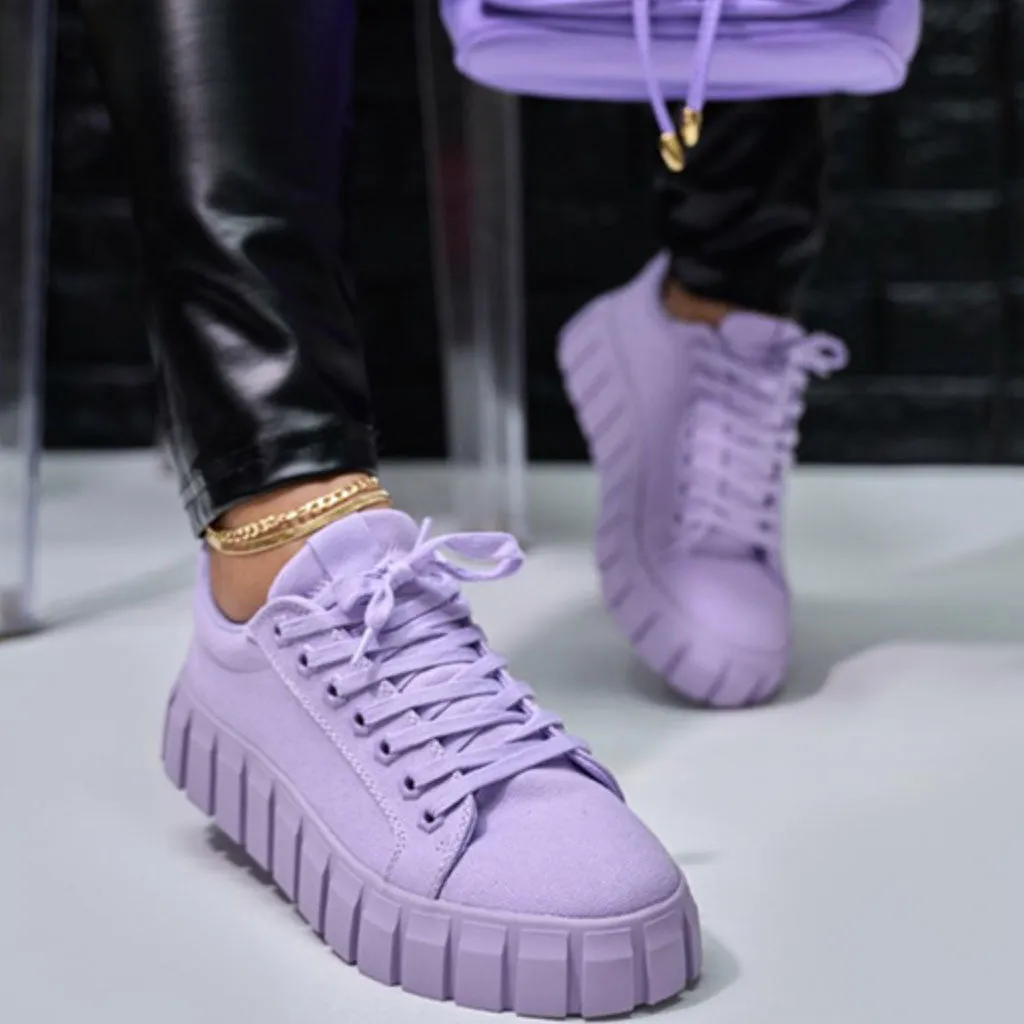 Casual Style Lace Up Ridged Trimmed Platform Sneakers - Purple