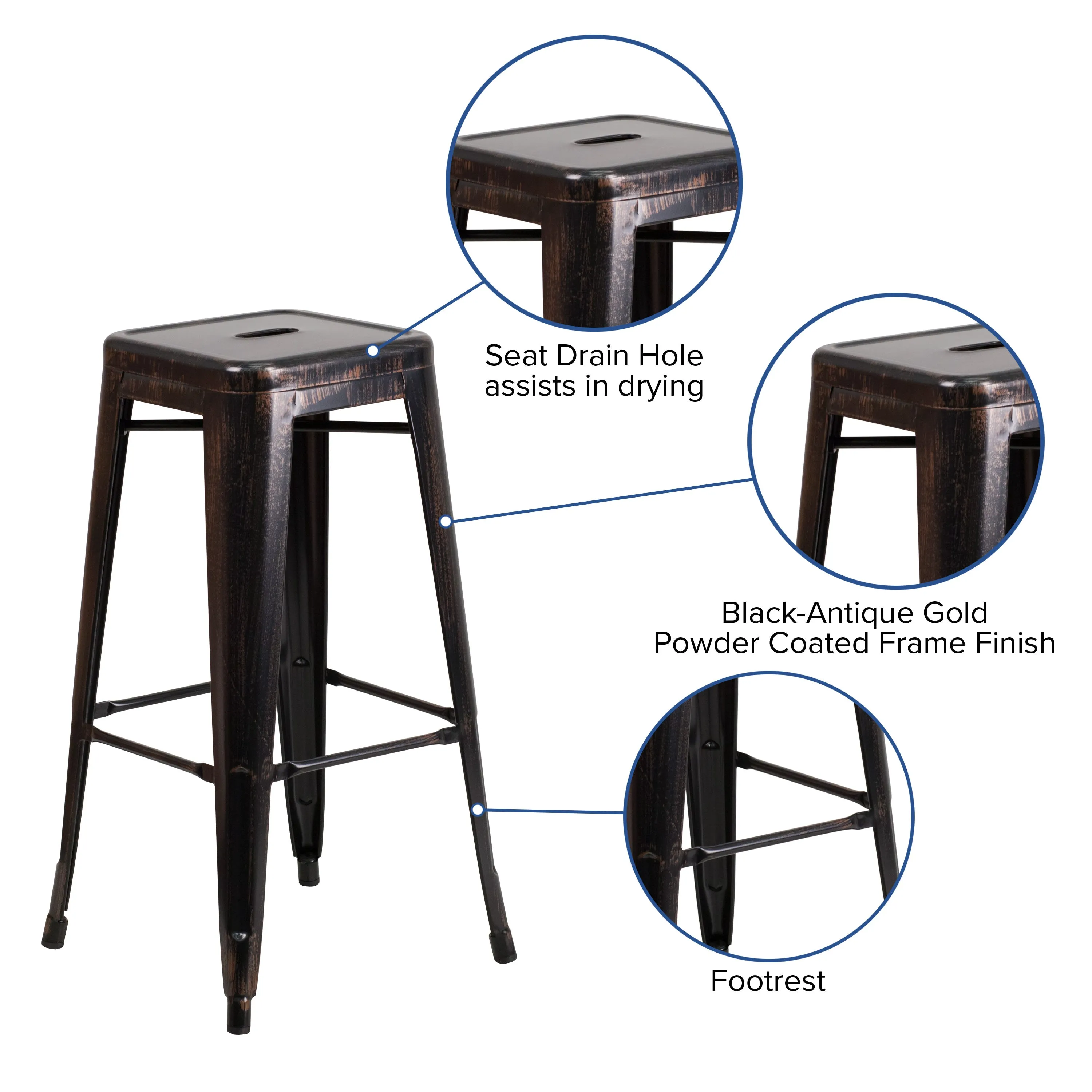 Commercial Grade 30" High Backless Metal Indoor-Outdoor Barstool with Square Seat