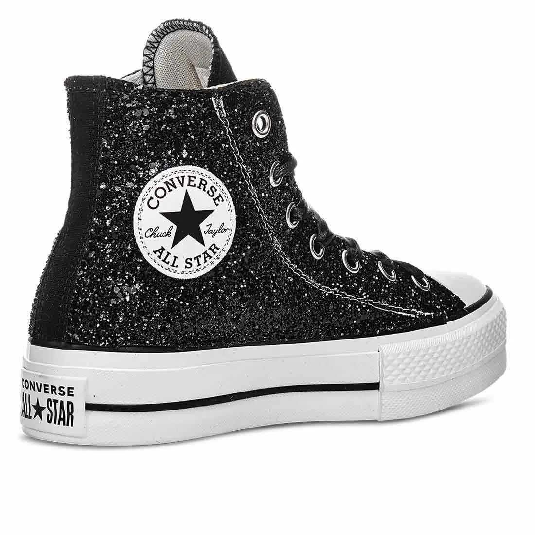 Converse All Star Alte Glitterate Nere - Suola Alta Platform - Lacci in Raso