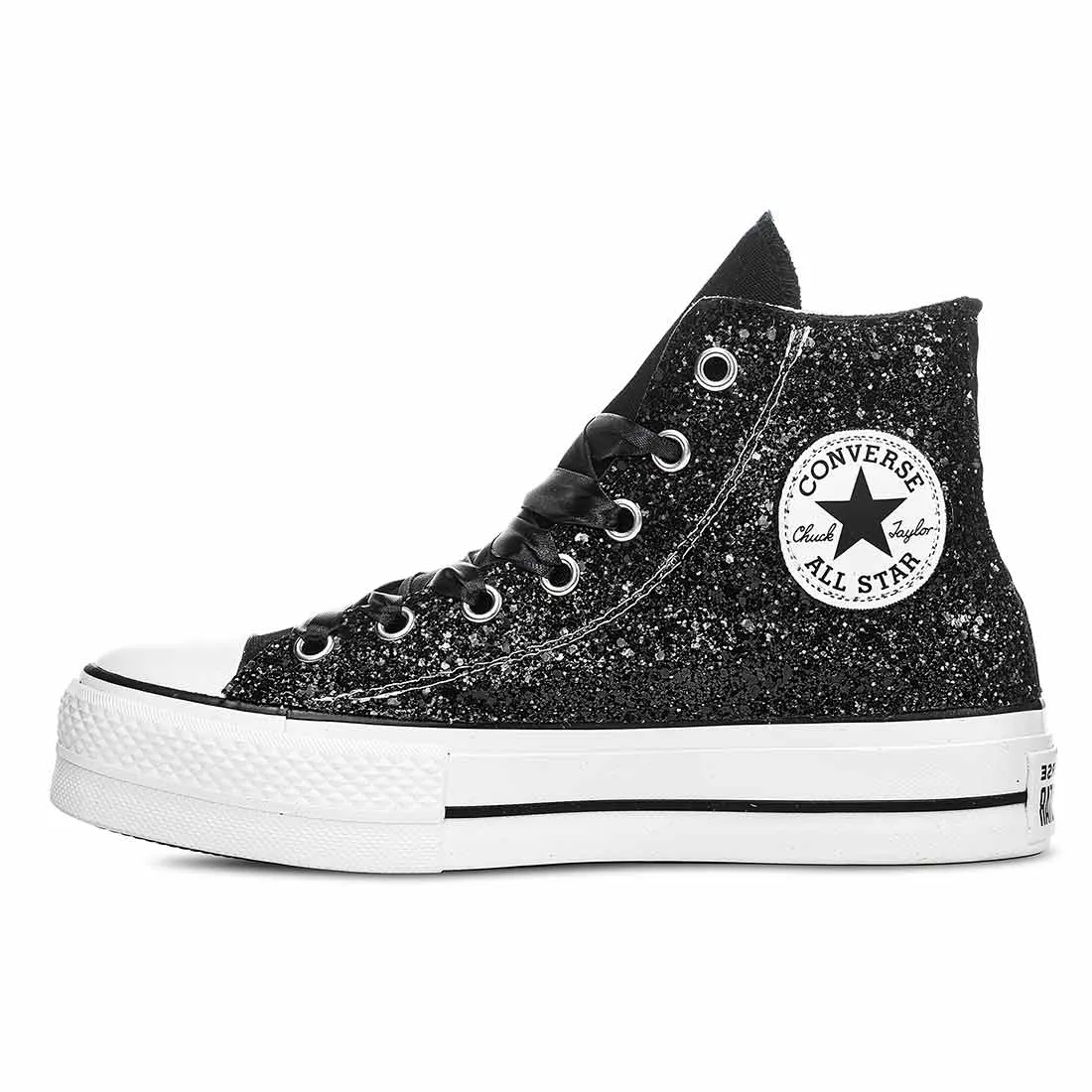 Converse All Star Alte Glitterate Nere - Suola Alta Platform - Lacci in Raso