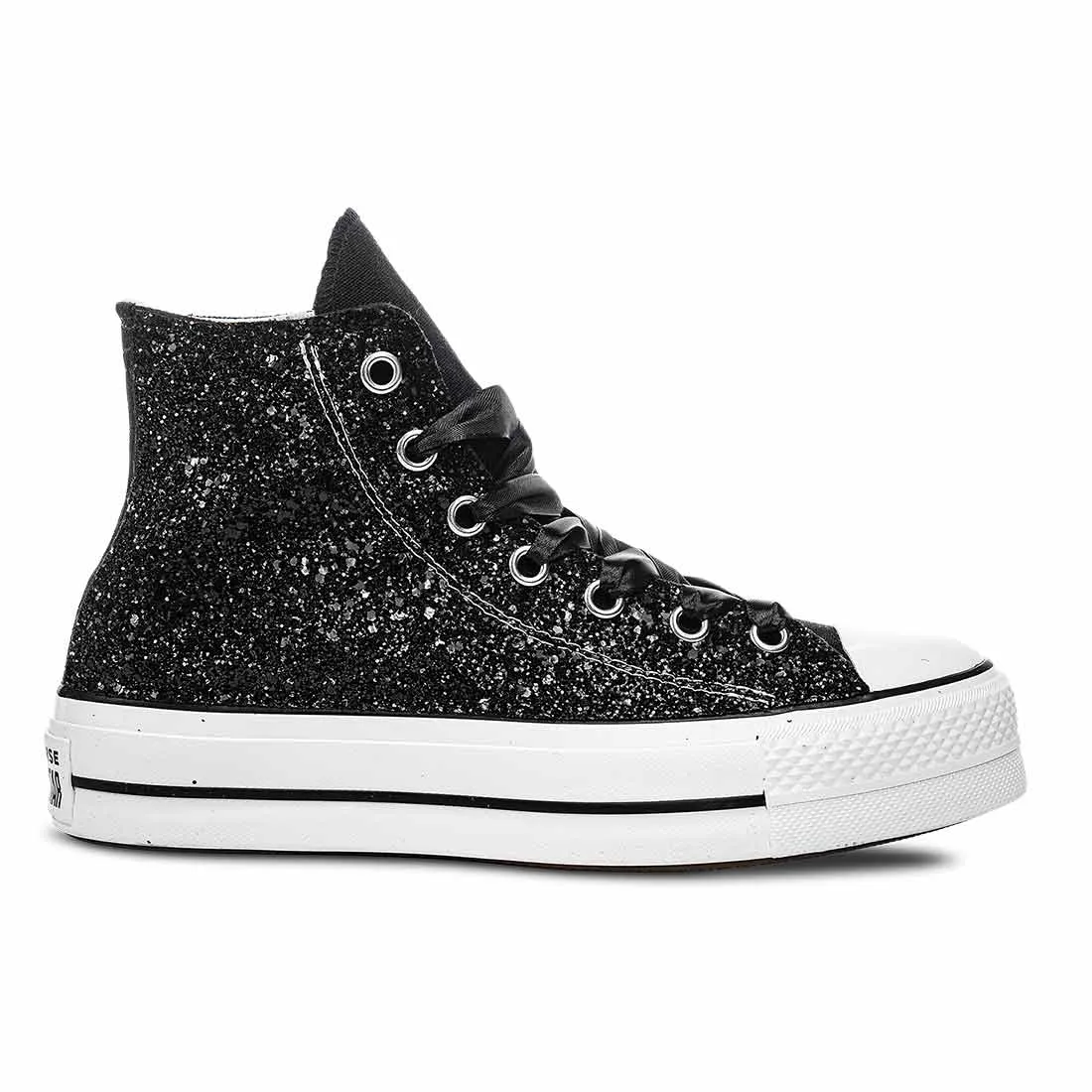 Converse All Star Alte Glitterate Nere - Suola Alta Platform - Lacci in Raso