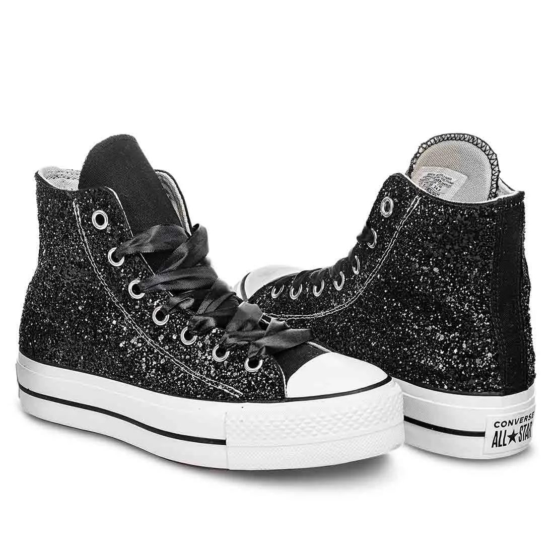 Converse All Star Alte Glitterate Nere - Suola Alta Platform - Lacci in Raso