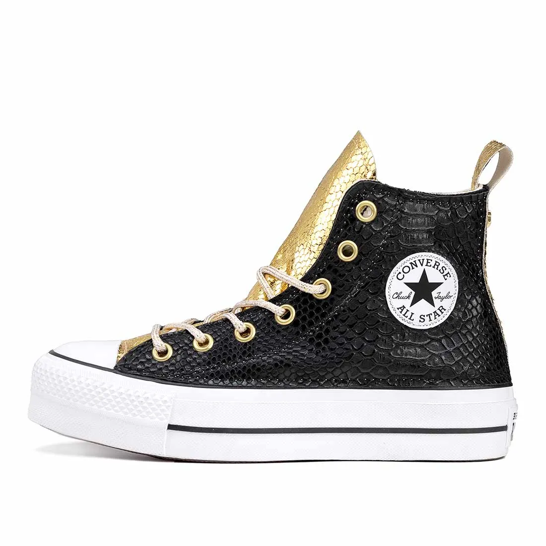 Converse All Star Alte Pitonate Nere e Oro - Suola Alta Platform - Lacci Oro