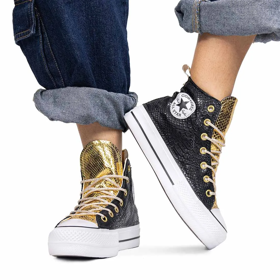 Converse All Star Alte Pitonate Nere e Oro - Suola Alta Platform - Lacci Oro