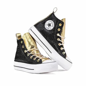 Converse All Star Alte Pitonate Nere e Oro - Suola Alta Platform - Lacci Oro