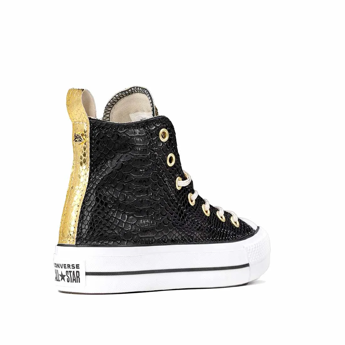 Converse All Star Alte Pitonate Nere e Oro - Suola Alta Platform - Lacci Oro