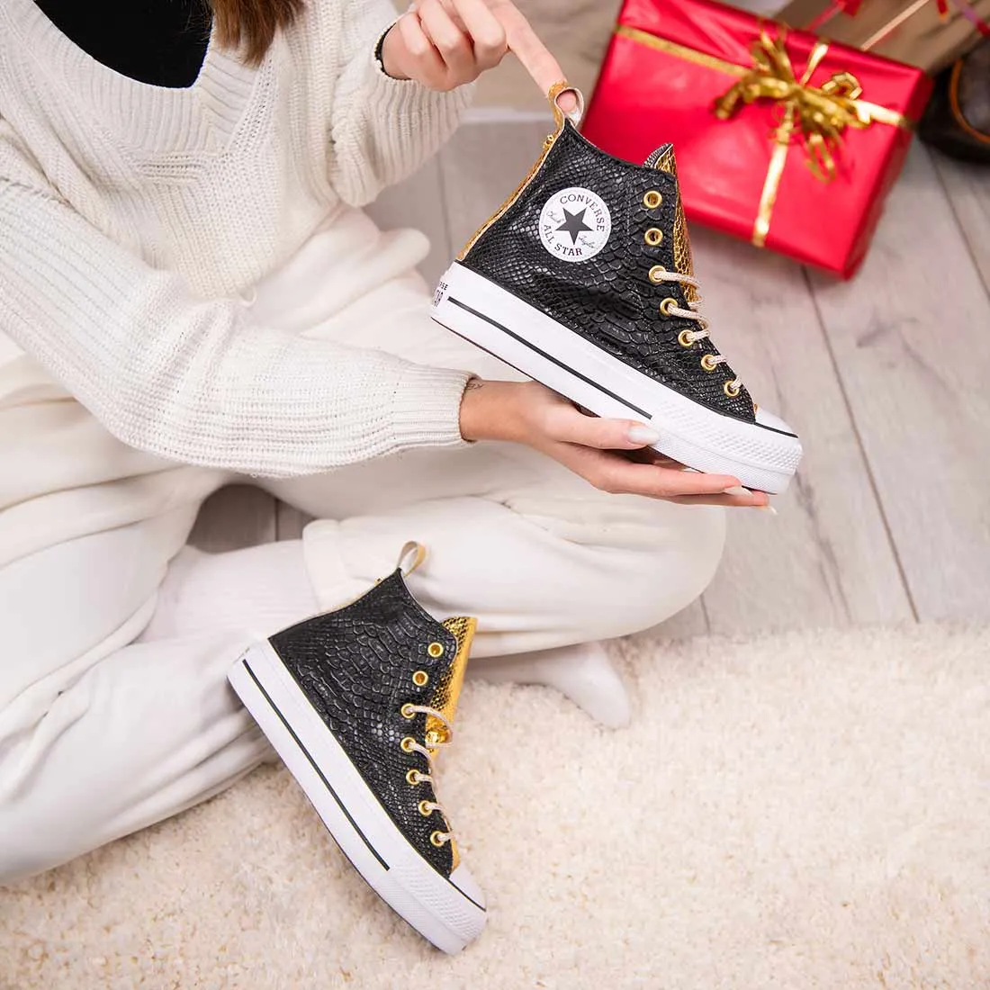 Converse All Star Alte Pitonate Nere e Oro - Suola Alta Platform - Lacci Oro