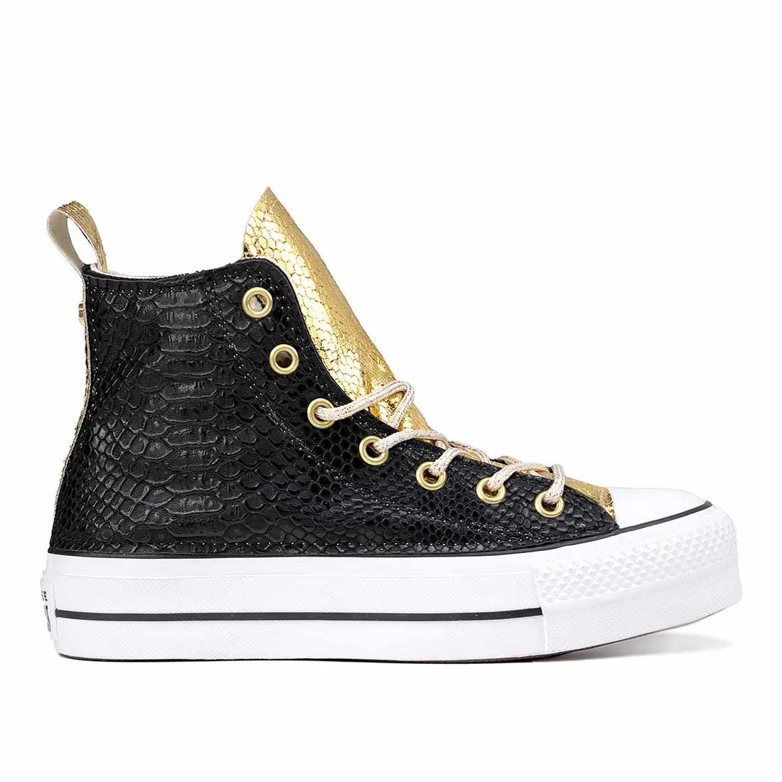 Converse All Star Alte Pitonate Nere e Oro - Suola Alta Platform - Lacci Oro