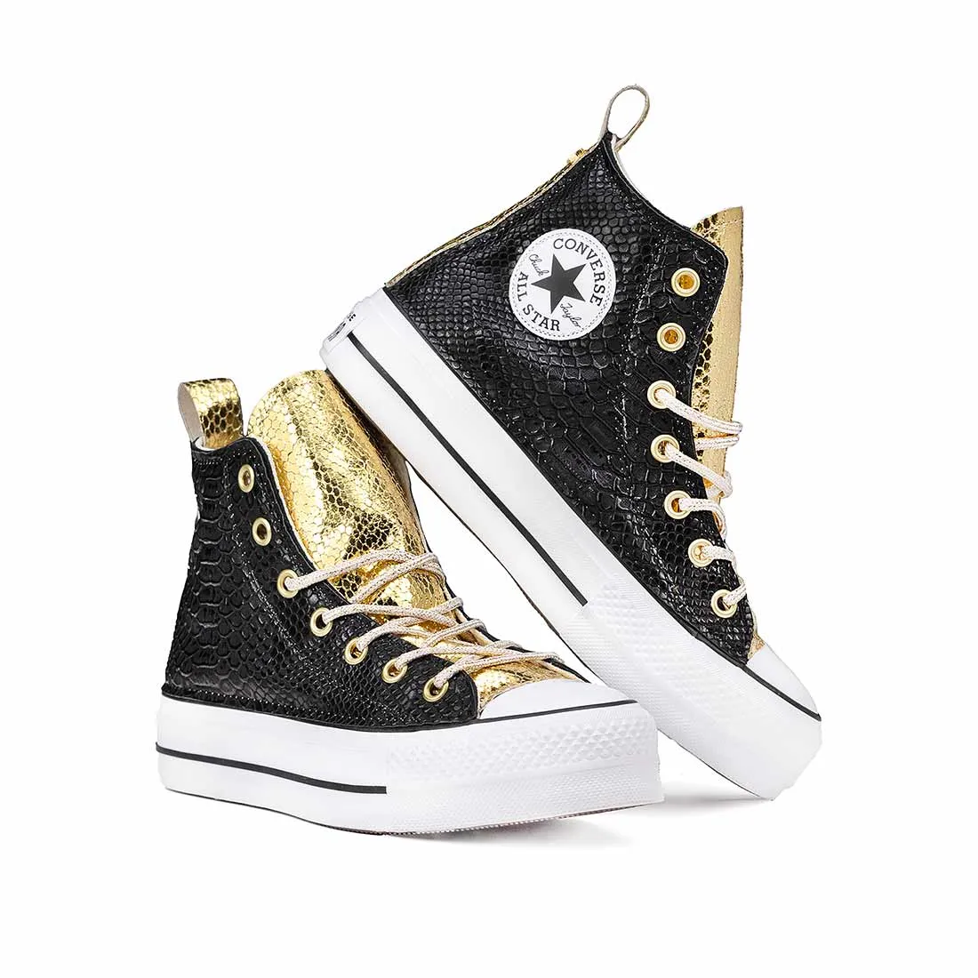 Converse All Star Alte Pitonate Nere e Oro - Suola Alta Platform - Lacci Oro