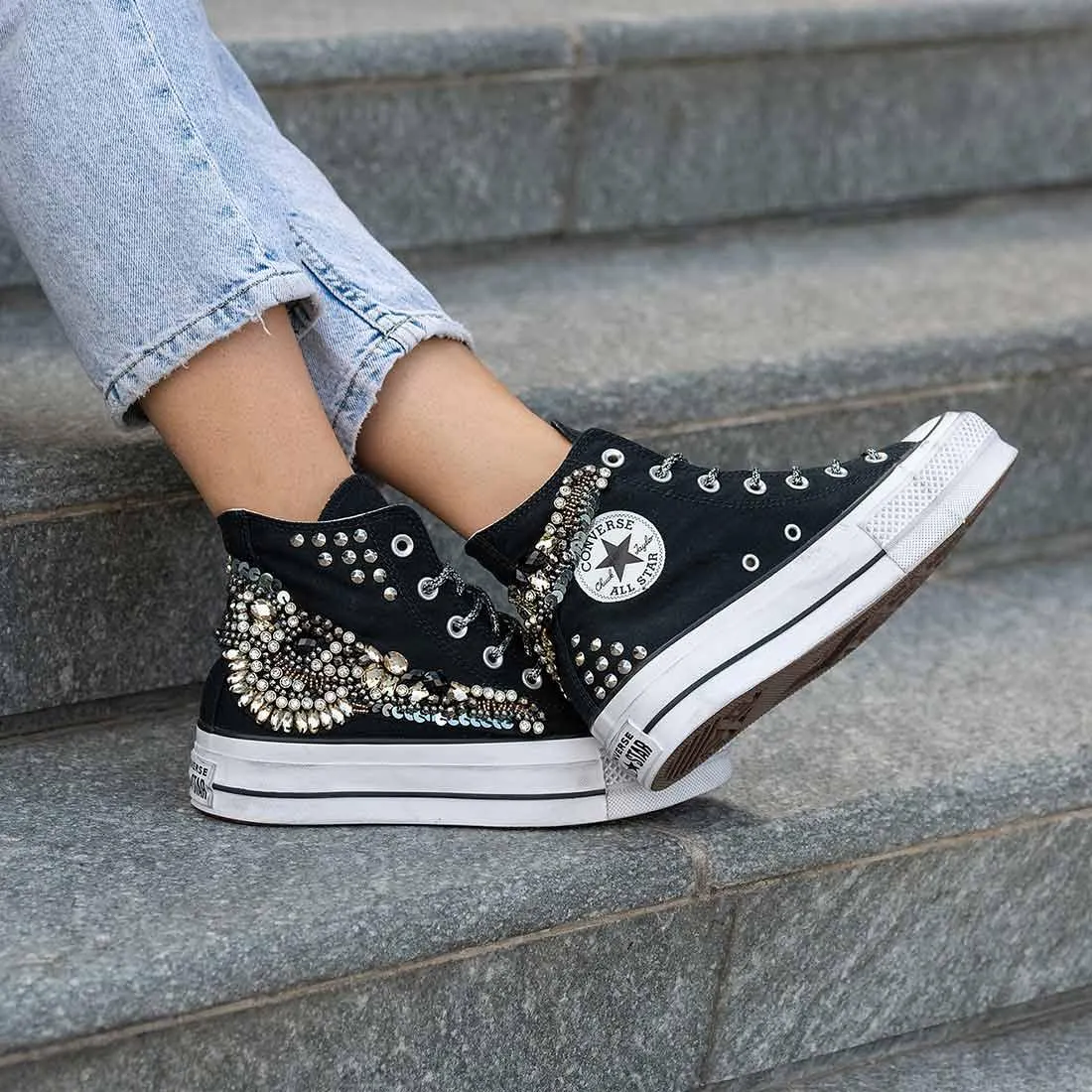 Converse All Star Alte Platform con Gioielli - Nere
