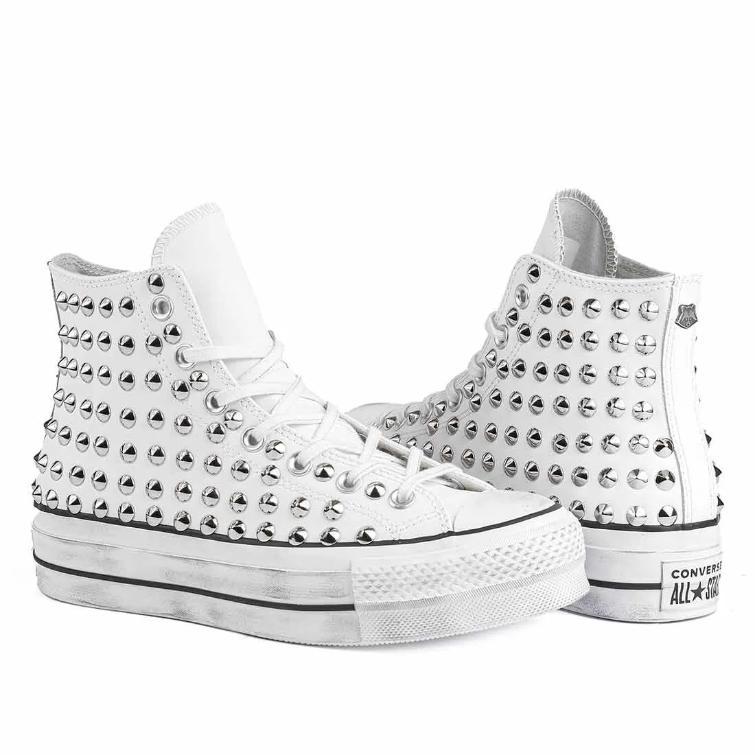 Converse All Star Alte Platform in Pelle con Borchie - Bianche