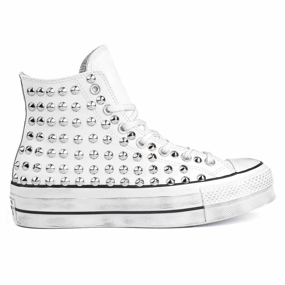 Converse All Star Alte Platform in Pelle con Borchie - Bianche