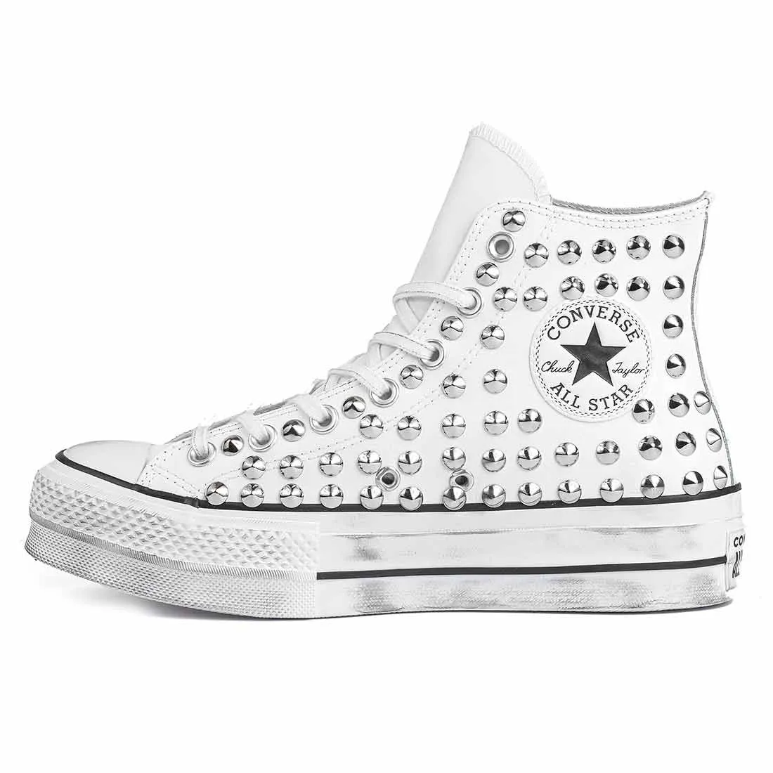 Converse All Star Alte Platform in Pelle con Borchie - Bianche